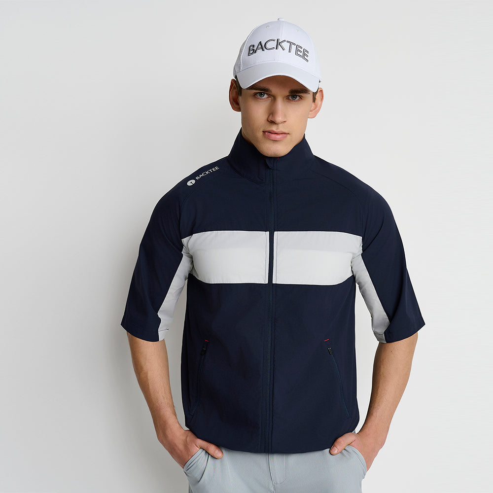 Men's Short Sleeve Stretch Windbreaker Jacket, Navy Blue